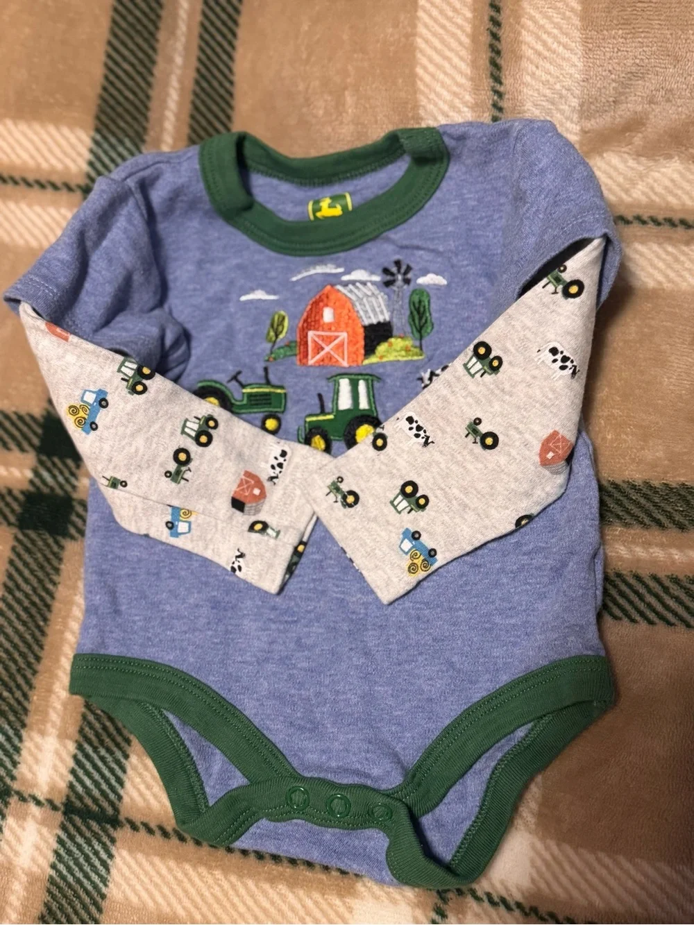 John Deere Blue & Green Tractor Farm Baby Bodysuit